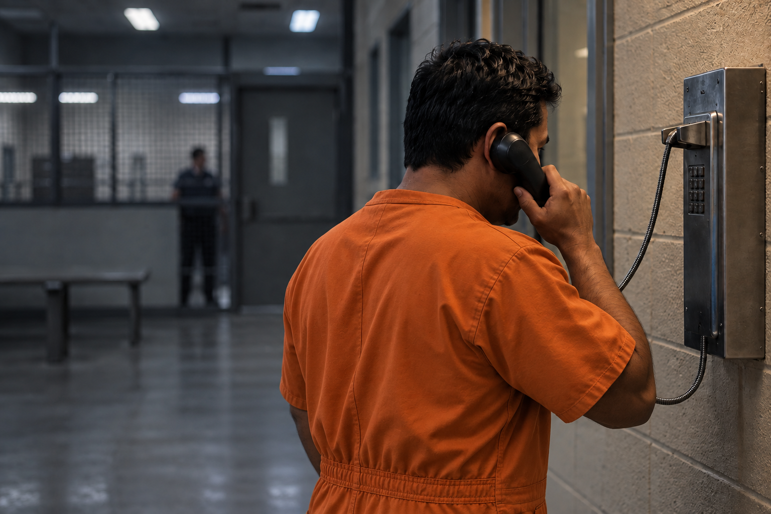 A person in an orange detention uniform making a telephone call from a detention facility